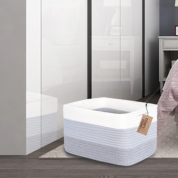 COMFY-HOMI 3PACK Cotton Rope Woven Basket With Handles for Shelves, Toy, Book, Cloth Storage Basket for Organizing|13.5" x 11" x 9.5" Decorative Nursery Cube Bin for Living Room（White / 3-Tone Grey）