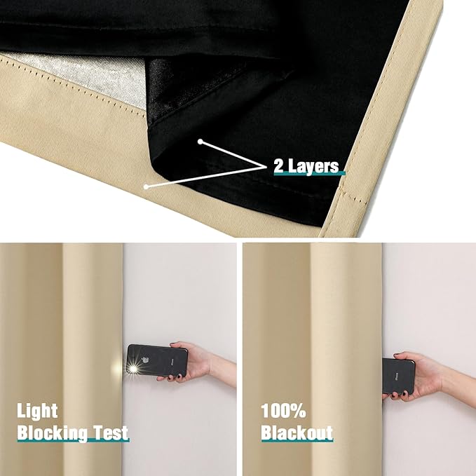ChrisDowa 100% Blackout Curtains for Bedroom with Black Liner, 2 Thick Layers Total Blackout Thermal Insulated Grommet Small Window Curtains 2 Panels Set (Beige, 42 x 54 Inch)