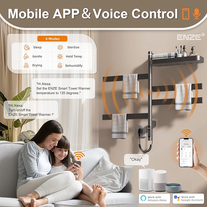 ENZE Smart Rotating Heated Towel Rack for Bathroom, Wall-Mounted Electric Towel Dryer with Swivel Bars & Shelf, Smart Timer, Low Carbon Steel, Plug-in/Hardwired, Towel Warmer with Wi-Fi App Control