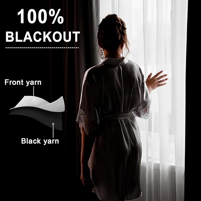 XWZO 100% Blackout Curtains 63 Inches Length with Tiebacks- Full Shade Window Drapes Thermal Insulated Double Layer with Black Liner for Bedroom/Living Room, Rod Pocket, White, W52 x L63, Set of 2