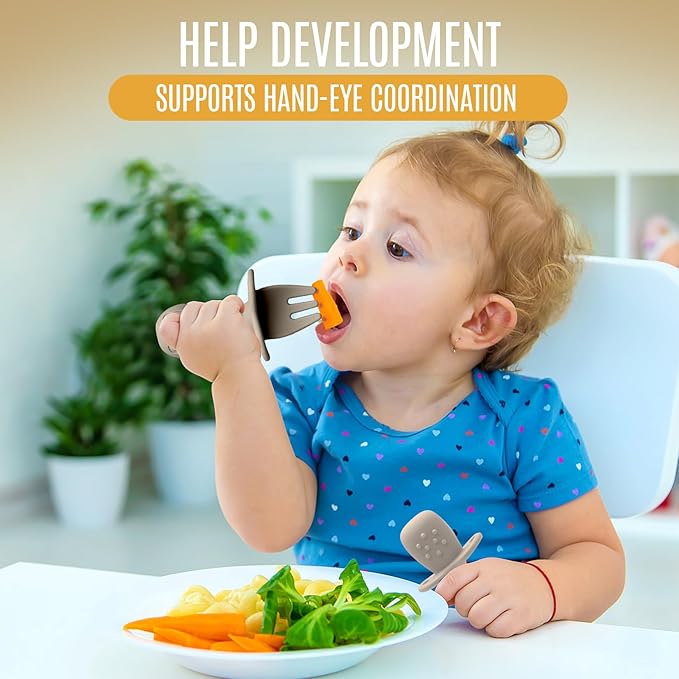 4pc Silicone Baby Spoons Self Feeding Baby Utensils 6-12 Months - 3 Baby Spoon - 1 Baby Fork - Toddler Cutlery Set - BPA Free, Dishwasher Safe - Baby Eating Essentials (Gray/Beige)