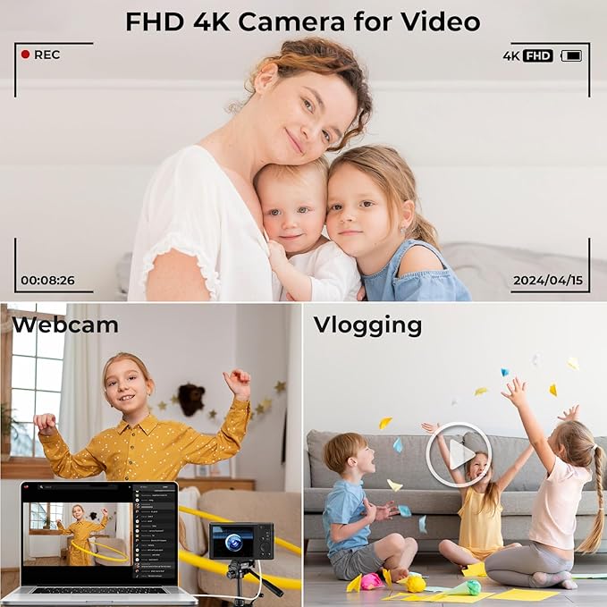 Digital Camera FHD 4K Kids Camera 44MP with 64GB SD Card 2 Batteries Autofocus 16X Digital Zoom Compact Portable Point and Shoot Digital Small Vintage Camera for Teens Boys Girls Students (Black)