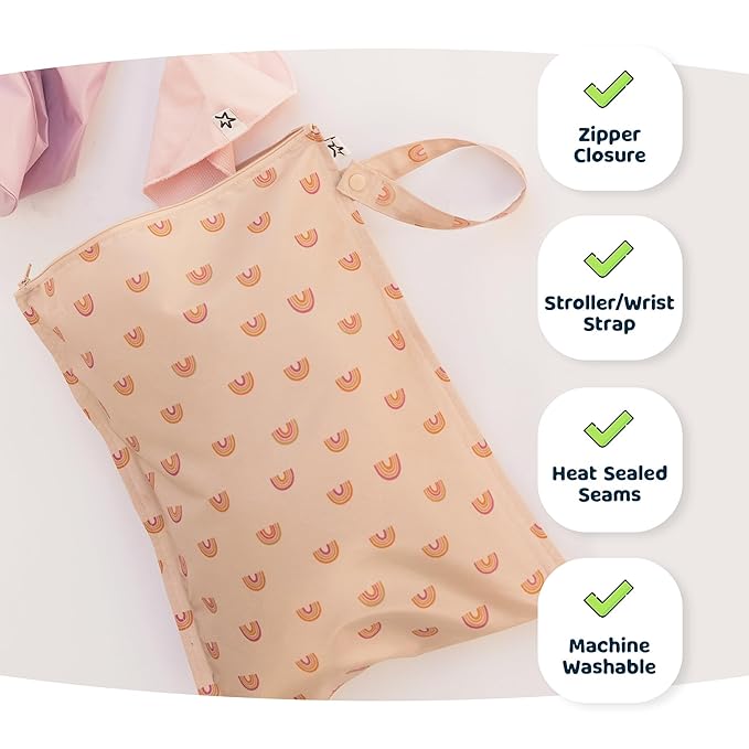 Tiny Twinkle Mess-Proof Waterproof Wet Dry Bag | 2-Pack Reusable Wet Bags for Swimsuits & Baby Clothes | Leakproof Wet Bag for Travel & Diaper Changes for Baby (Black, White)