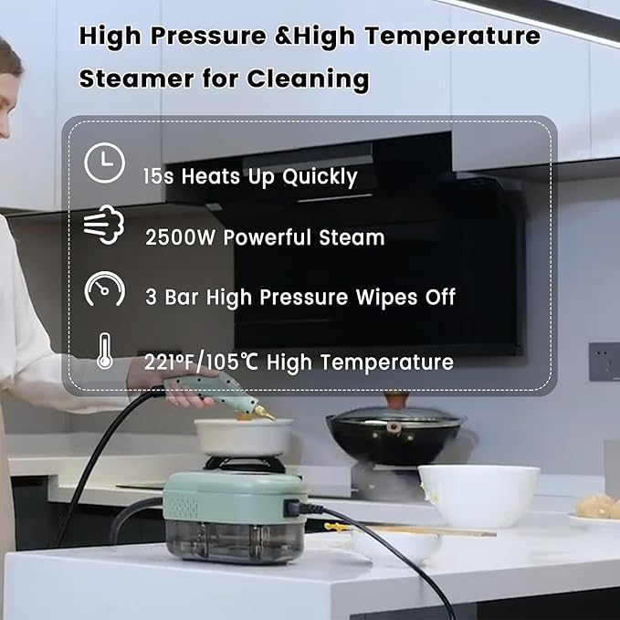 2500W Handheld Steam Cleaner,Portable Car Steamer For Auto Detailing,High-Temperature and Pressure Steam Cleaner For Home, Steam Cleaning Machine for Furniture,Kitchen,Grout,Floor,Tile (7-Green)