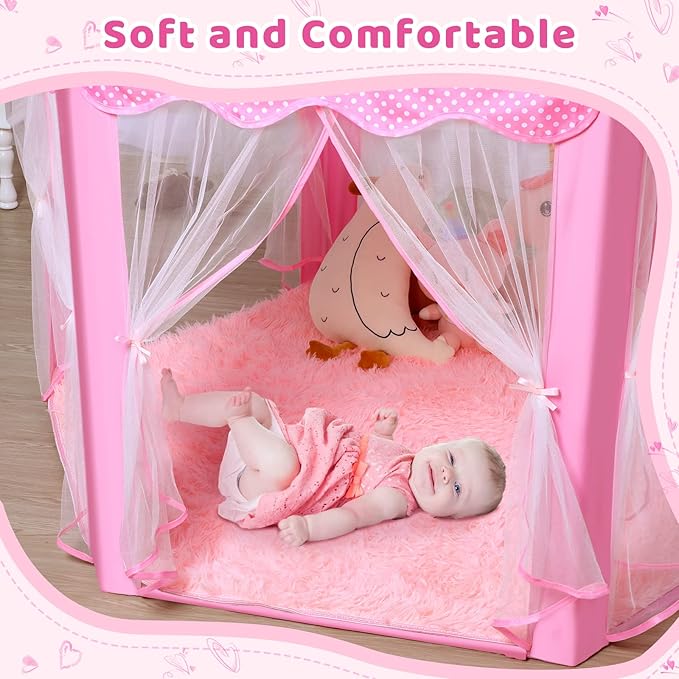Monobeach Princess Tent Girls Large Playhouse Kids Castle Play Tent with Star Lights Toy for Children Indoor and Outdoor Games, 55'' x 53'' (DxH) (Pink Princess Tent with Play Mat)
