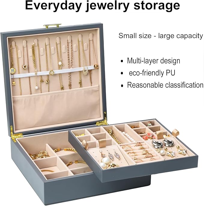 2-layer jewelry box，Jewelry Organizer with Handle，with hanging necklace hooks, detachable jewelry trays, suitable for storing a large amount of jewelry gift box (Large-Grey)