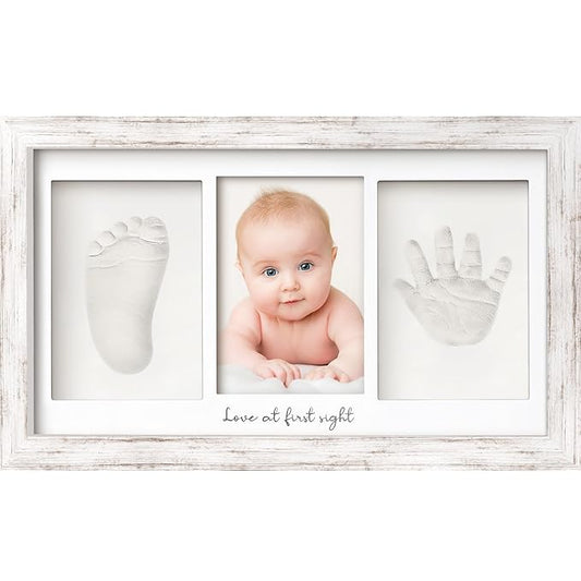 Baby Hand and Footprint Kit - Clay Handprint Keepsake Frame, Newborn Nursery Picture Frame, Personalized New Mom Gifts for Baby Shower & Registry (Vintage White)