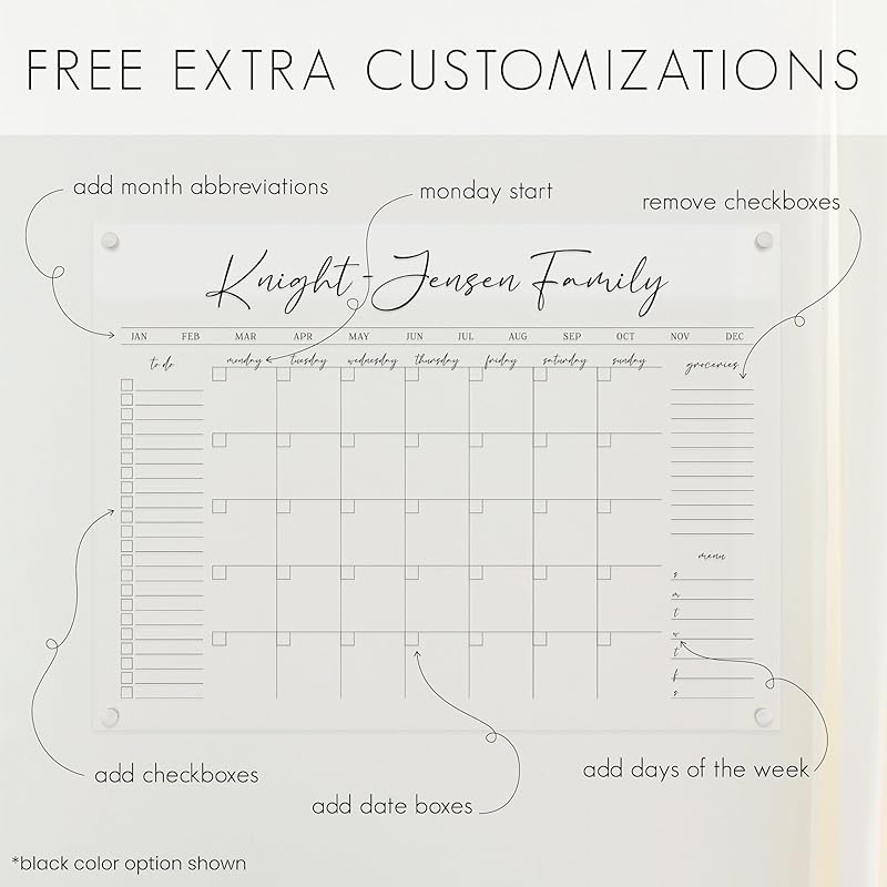 Personalized Clear Acrylic Calendar for Wall, Calendar Whiteboard for Wall, Dry Erase Wall Calendar, Wall Calendar Organizer System for Home (Cursive, Black, 47.5"W x 36"H)