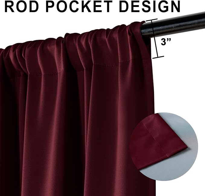 XWZO 100% Blackout Window Curtains - Thermal Insulated & Noise Reduction Black Liner Rod Pocket Window Treatment Sewn with Tiebacks for Bedroom/Living Room, Burgundy, W52 x L54, Set of 2