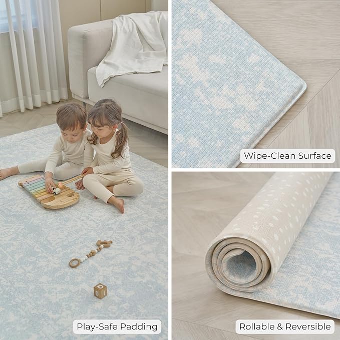Baby Care Soft Rug (Prestige, Ikat - Inca Blue) 98'' x 59'' Original One-Piece Reversible Rollable Waterproof Play Mat for Infants, Babies, Toddler, and Kids