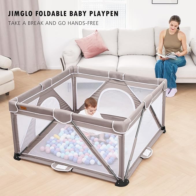 Baby Playpen Foldable, Playard for Babies and Toddlers, Portable Playpen Activity Center with 50 Balls+2 Handles for Travel, Indoor & Outdoor Play Pen with Mesh 50''x50''