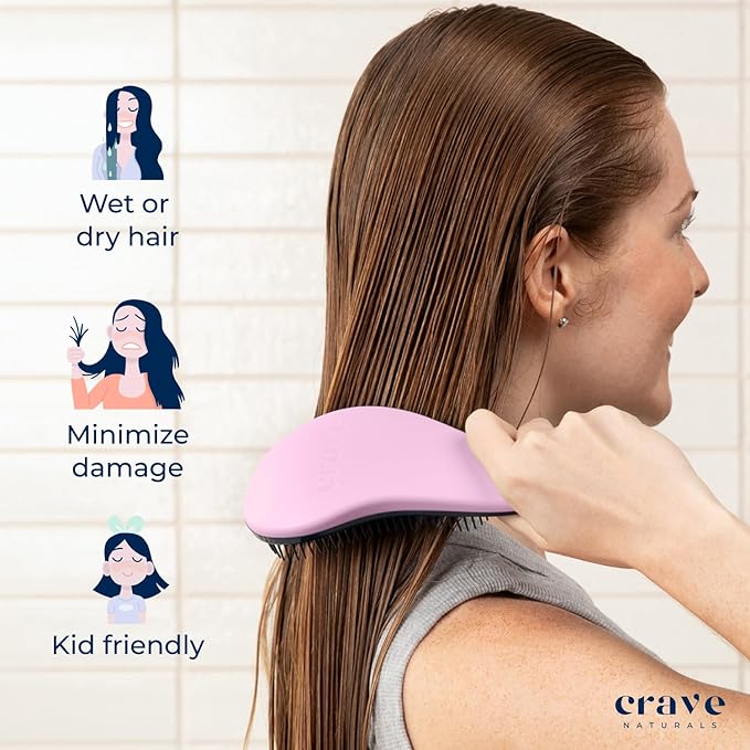 Crave Naturals Biggie Glide Thru Hair Brush - Detangler Brush for Curly, Straight, Wet or Dry Hair - Gentle Detangling Brushes for Adults, Kids, Toddlers - Hair Accessories for Women, 8.4"x3.4" - Pink