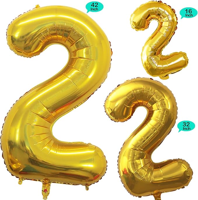 GOER Gold Foil Balloons Number 2,Huge Number Balloons for 2nd Birthday Party Supplies Anniversary Decorations(3 pcs,42 inch,32 inch,16inch)