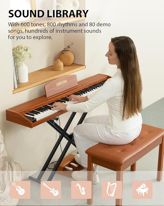 88 Key Digital Piano Keyboard for Beginners - Full Size Semi Weighted Wooden Electric Piano Set with Stand, Triple Pedal, Headphone,Carry Bag - Supports USB-MIDI Connecting (Wood Grain Brown)