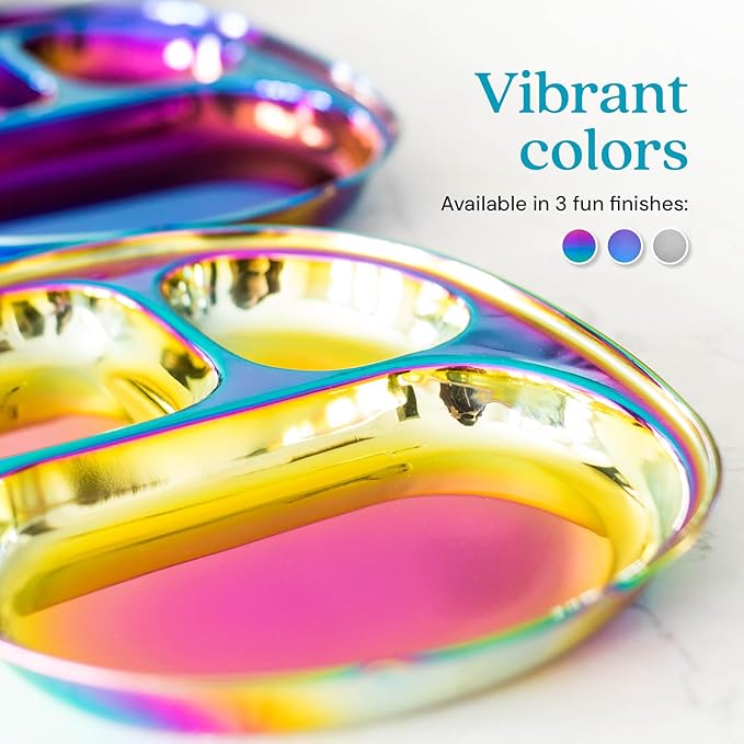 Ahimsa Stainless Steel Plates for Kids - Divided Plates for Toddlers, Pediatrician Designed, Non Toxic Toddler Plate, BPA Free & Dishwasher Safe (Rainbow Set of 4)