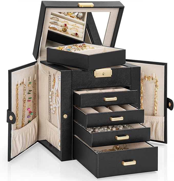 AKOZLIN 5-Tier Jewelry Box Leather Jewelry Storage Organizer with 4 Drawers Lockable for Women Girls Ring Necklace Earring Bracelet Watches Holder with Mirror Black