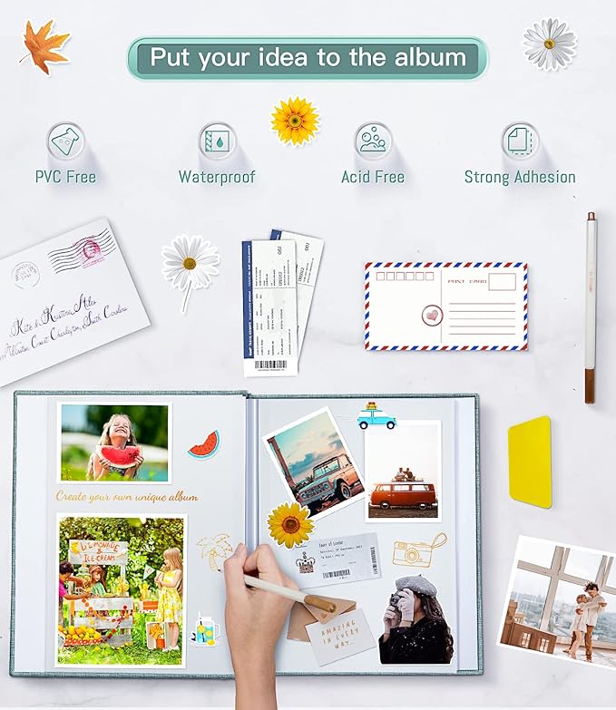 popotop Photo Album Self Adhesive with Picture Display Window,40 Pages DIY Scrapbooking Supplies Kit for 4x6 10x12 Picture,Linen Cover Memory Book for Baby Wedding, with Scraper and Metallic Pen