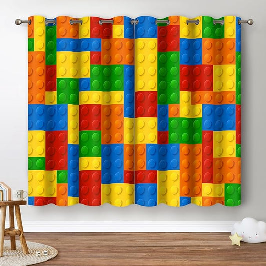 Jekeno Colorful Building Blocks Blackout Curtains - Kids Boys Girls Teens Abstract Geometric Toy Curtains Toddlers Bedroom Playroom Blue Red Yellow Decor Grommet Window Drapes 2 Panel Set, 42"x54"