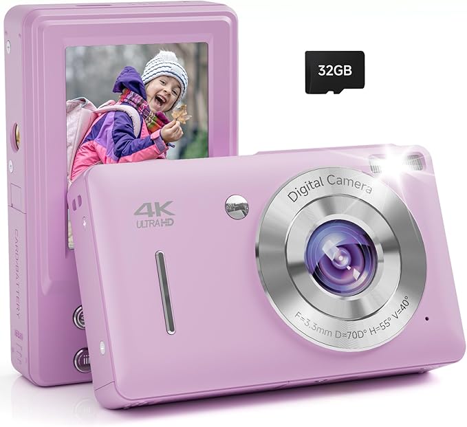 Digital Camera, 44MP FHD 1080P, 16X Zoom, 32GB SD Card, Compact Camera for Kids Teens Adults, Purple