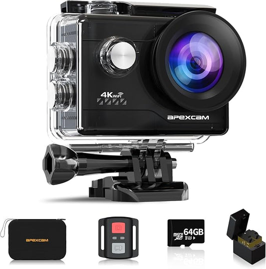 Apexcam Action Camera 4K with 64G SD Card Sport Cameras 20MP 131FT Waterproof Underwater Camera 170°Wide-Angle WiFi Camera with 2.4G Remote Control, 2 Batteries, Mounting Accessories Kits