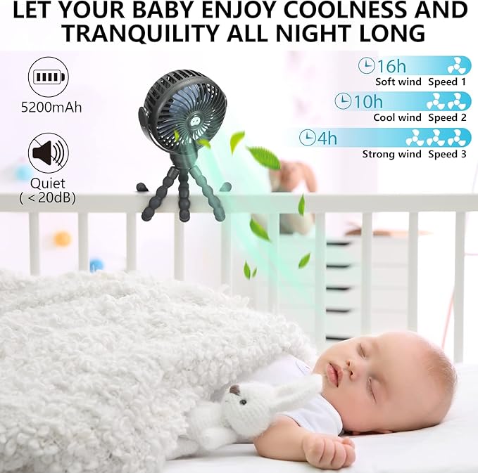 snawowo Mini Portable Baby stroller Fan, Battery Operated Personal Small Handheld Fan, 360° Rotate Flexible Tripod Rechargeable Clip On for Car Seat Crib Bike Treadmill Travel Camping Black