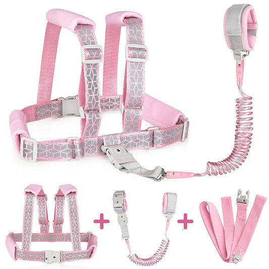 Accmor Toddler Harness Leash, Reflective Kids Leashes with Anti Lost Wrist Link, 3 in 1 Child Harnesses with Key Lock Design for Girls, Baby Walking Wristband Rope Protection Belt Tether.