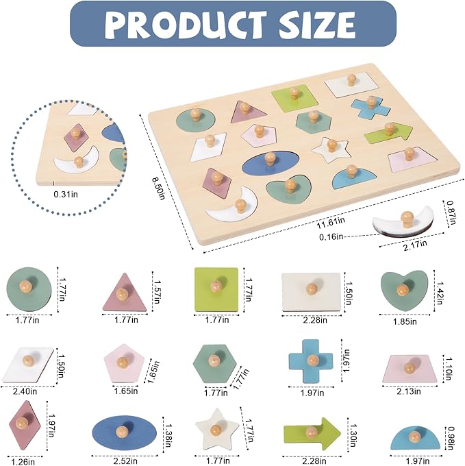 Adena Montessori Wooden Shape Peg 16 Piece Puzzle for Toddlers 2-4,Montessori Colorful Shapes Sorter Board,Geometric Color Matching Toys for Girls Boys 18-24 Months,Baby & Toddler Eearly Learning Gift