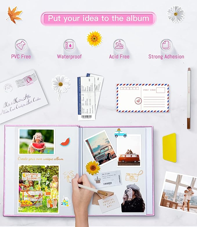 popotop Photo Album Self Adhesive with Picture Display Window,60 Pages DIY Scrapbooking Supplies Kit for 4x6 8x10 Picture,Linen Cover Memory Book for Baby Wedding, with Scraper and Metallic Pen