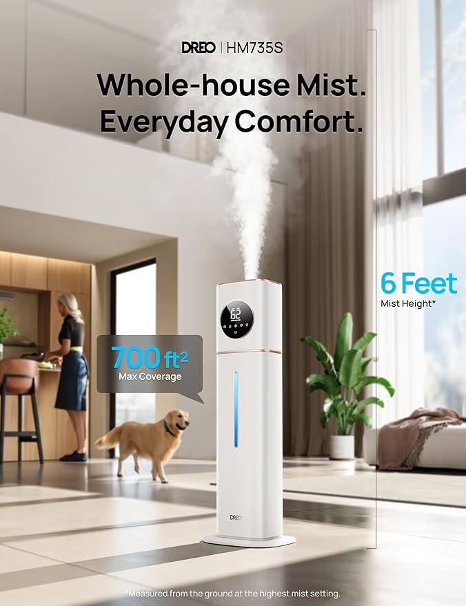 Dreo 11L Smart Humidifier Large Room 700 ft², 100H Cool Mist Air Humidifiers for Bedroom Baby Plants, Top-Fill Self-Cleaning Tank, 26dB, Auto Mode, RGB Light, Remote & APP Control, HM735S White