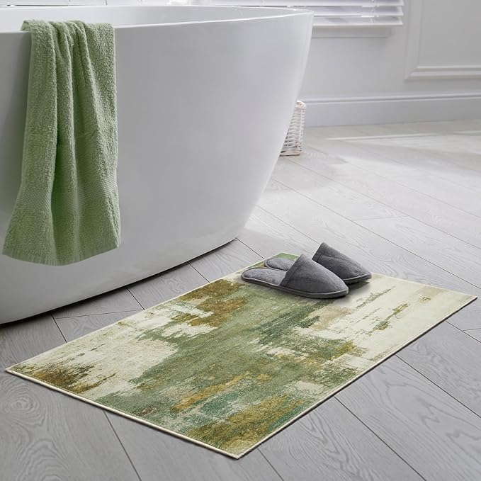 Entryway Rug 2x3 Green Rug, Washable Abstract Small Rugs Non-Slip Low Pile Throw Rugs for Kitchen Floor, Front Door, Bedroom Bedside