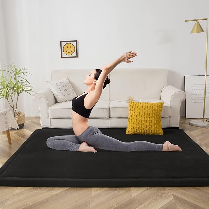 MAXYOYO Black Coral Velvet Area Rug, Thick Japanese Tatami Mat Living Room Carpet with Non-Slip Backing, Large Solid Color Mat for Bedroom Dormitory Yoga, 59 by 78 inch