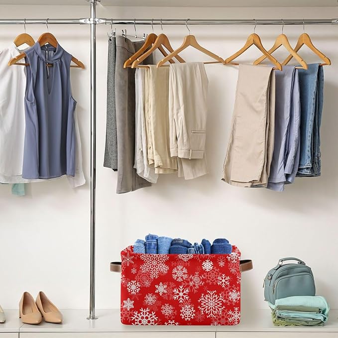 Christmas White Snowflakes on Red Storage Basket Cube Storage Bins Organizer Bag Collapsible Closet Shelf Baskets with handle for Baby Cloth Pet Toy Book 14.2×10.2×8.3 IN