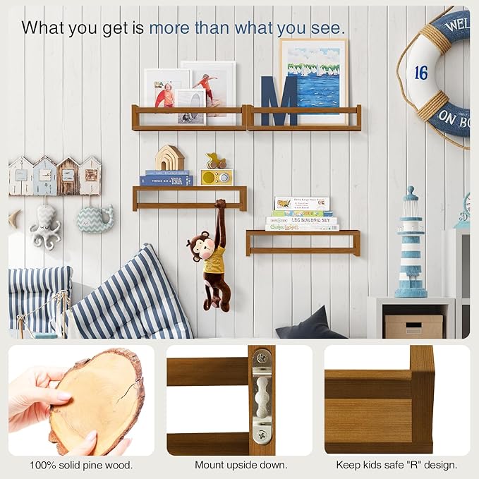 Forbena Walnut Brown Nursery Bookshelf Wall Mounted, Wooden Floating Book Shelves for Wall, Nursery Hanging Bookshelves for Baby Toddlers Kids Room Bedroom (Pine Wood, Walnut Color, 4-Pack)