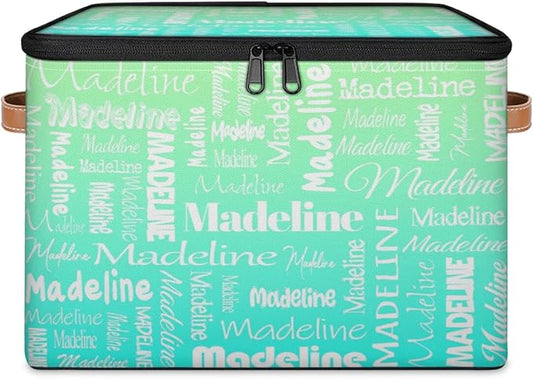 Custom Storage Basket with Name, Personalized Storage Bins with Zipper Lid, Foldable Fabric Storage Box Large capacity with Handle Green Blue