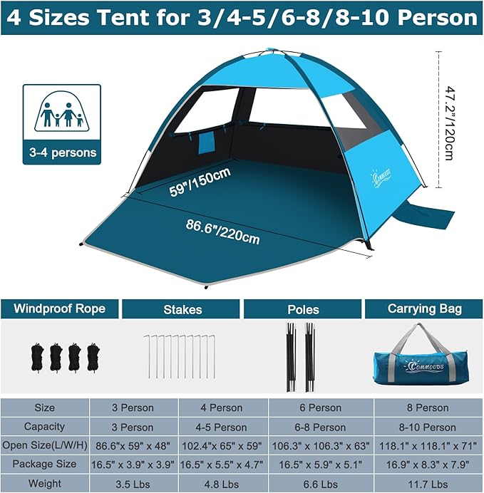 COMMOUDS Beach Tent Sun Shade for 3/4-5/6-7/8-10 Person, UPF 50+ Beach Sun Shelter Canopy Tent, Lightweight, Easy Set Up and Carry