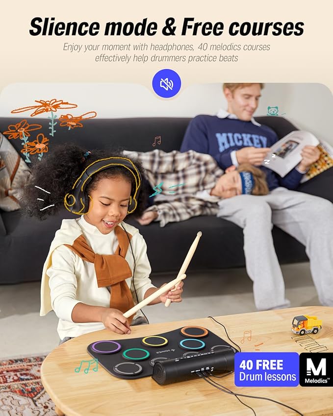 Donner Electric Drum Pad, 9 Pads Electronic Drum Set Roll Up Quiet Drum Pad Built-in Speaker, 40 Drum Lessons Included, Kids Holiday & Birthday Instrument Toys DED-20(SE)