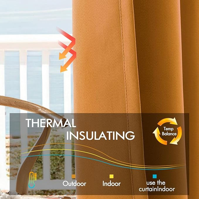 ANRODUO Back Tab Blackout Curtains for Bedroom Living Room, Rod Pocket Pinch Pleated Thermal Insulated Room Darkening Curtains 63 Inches Long 2 Panels, Mustard Yellow, 42 x 63 Inch