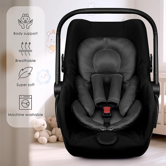 Infant Car Seat Insert for Newborn Girls Boys, Summer Mesh Baby Carseat Head Support with Strap Pads, Soft Reversible Baby Car Seat Insert Cushion Pad for Car Seat, Stroller, Bouncer, Swing, Black