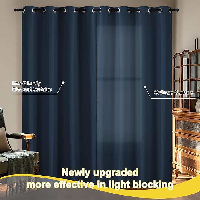 NICETOWN Full Blackout Curtains 96 inches Long for Living Room - Grommet Privacy Window Treatment Thermal Insulated Curtains for Bedroom Patio, 1 Pair, 52W x 96L, Navy