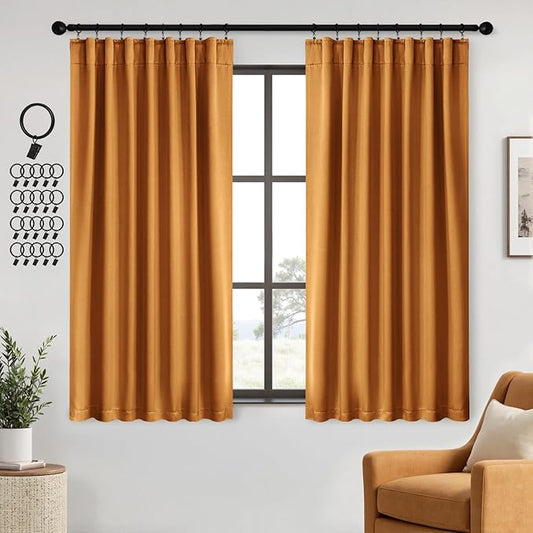 ANRODUO Back Tab Blackout Curtains for Bedroom Living Room, Rod Pocket Pinch Pleated Thermal Insulated Room Darkening Curtains 72 Inches Long 2 Panels, Mustard Yellow, 42 x 72 Inch