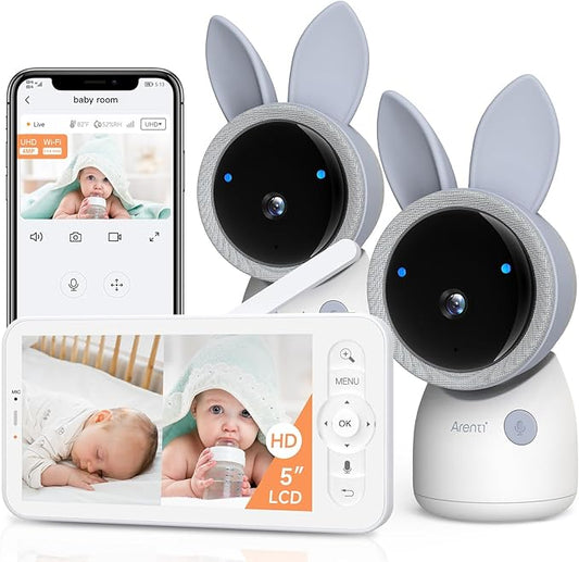 ARENTI 4MP 2.4G&5G WiFi Baby Monitor with 2 Cameras and Audio, Night Light, Auto Traking, Cry&Motion Detection, Temperature Sensor, App Control