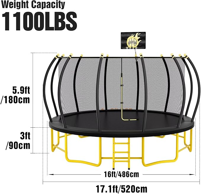 10FT 12FT 14FT 16FT Pumpkin Trampoline for Kids Adults, ASTM Approved Outdoor Recreational Trampoline with Basketball Hoop, Enclosure Net, Yellow