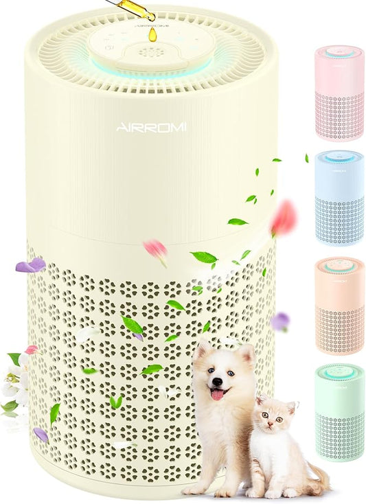 AIRROMI Air Purifier for Bedroom with HEPA Fet Filters, Pet Air Purifiers for Home Cat Pee Smell, Covers Up to 990Ft², Quiet 360° intake Air Cleaner for Allergies Dust Smoke Odor A2001 Yellow
