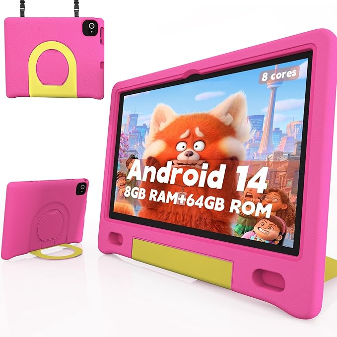 Kids Tablet with Strap, Android 14 Tablet for Kids 10 inch, Toddler Tablets Octa-Core 64GB 1TB Expandable, Children's Tablets with Case, Bluetooth WiFi Parental Control Dual