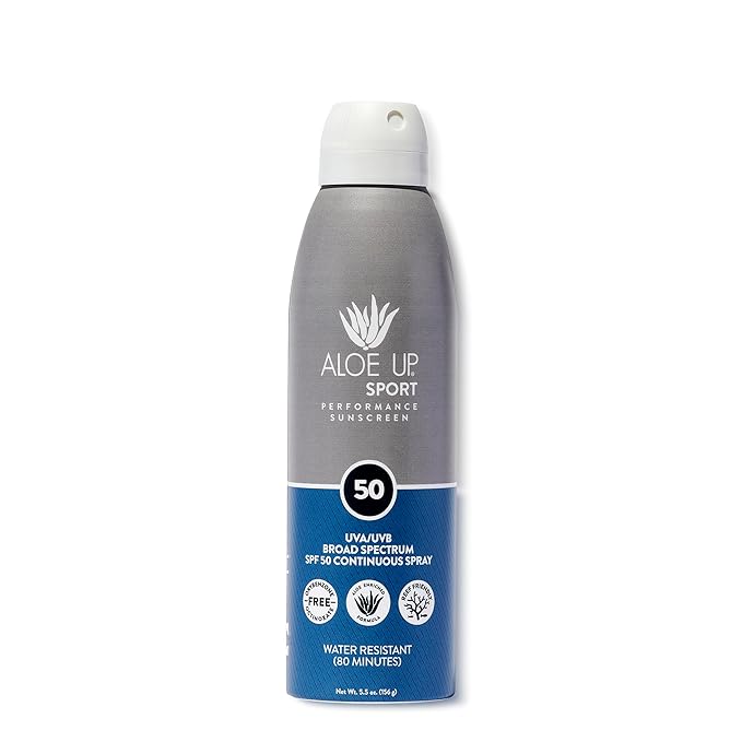 ALOE UP Sport Continuous Spray Sunscreen SPF 50 - Broad Spectrum UVA/UVB Sunscreen Protector for Face and Body - With Aloe Vera Gel - Fast Absorbing Sheer Formula - Reef Safe - Fragrance-Free - 6 Oz