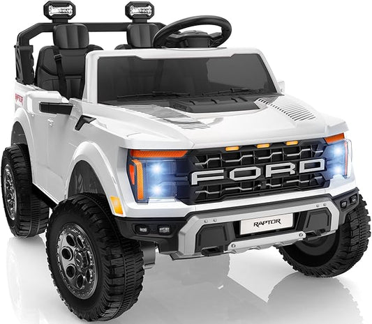 24V Kids Ride On Truck, Licensed Ford F-150 Raptor 2 Seater Electric Car w/Remote Control, Toddler Ride On Car Toys w/LED Lights, Bluetooth, Music, Truck Bed Storage, Soft Start (White)