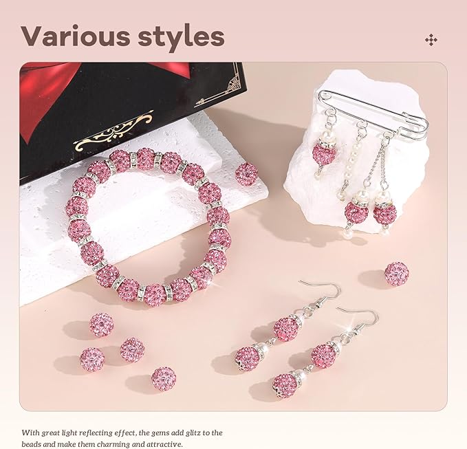 160pcs 10mm Rhinestone Beads for Jewelry Making, Dark Pink Shiny Round Disco Ball Beads Bulk, Sparkle Crystal Clay Christmas for Bracelet Baseball Necklace Earring Crafting and DIY