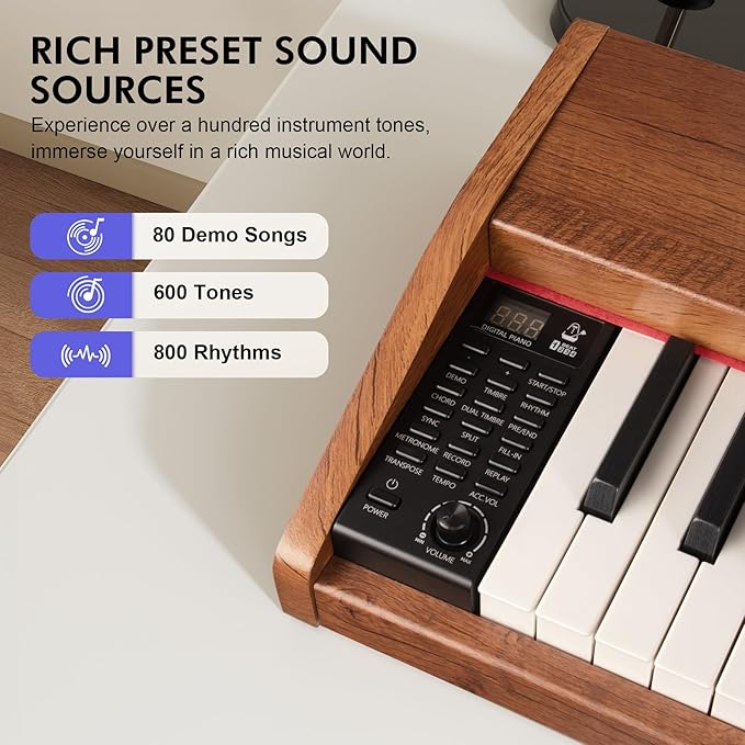 88 Key Digital Piano Keyboard for Beginners,Full Size Electric Piano Semi-Weighted Keyboard with Sheet Music Stand,Pedal,Headphone,Power Adapter,USB-MIDI Compatibility,Wood Grain Brown