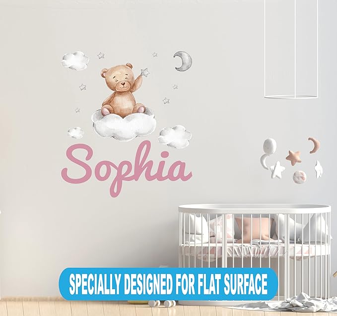 Custom Name Teddy Bear Nursery Wall Decal - Moon, Starts Clouds Watercolor Baby Room Decor for Boys & Girls - Teddy Bear Wall Stickers - Personalized Name Wall Sticker for Nursery playroom