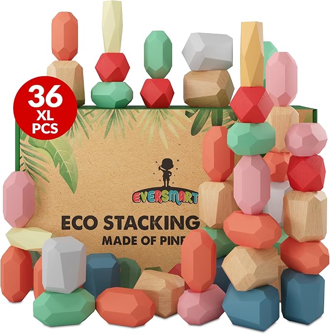 36 Pcs Wooden Stacking Blocks – Montessori Toys for 1 2 3 4 5 6 Year Old Toddlers and Kids, XL Rocks, No Choking Hazard – Sensory STEM Building Stones, for Girls and Boys